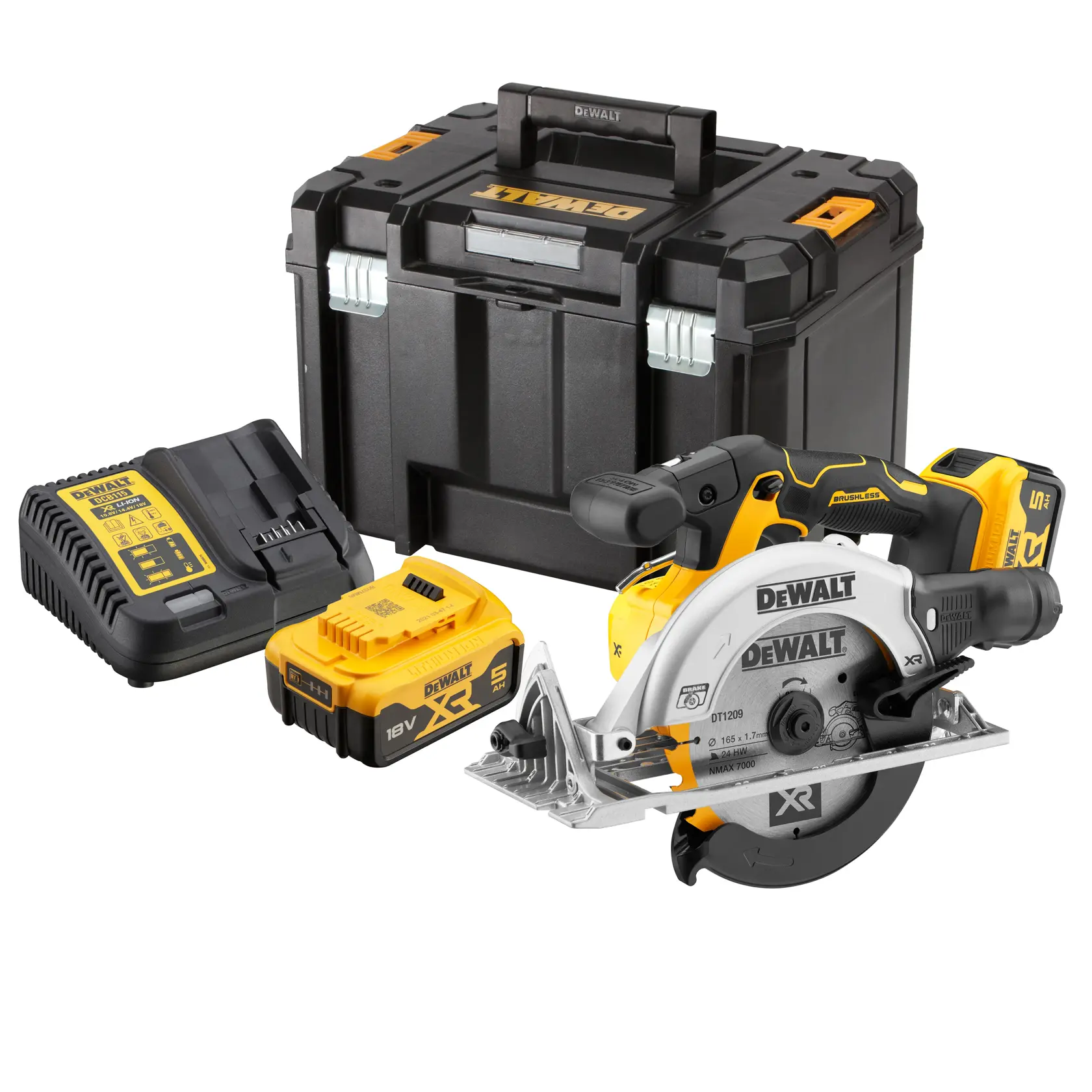 Kit scie circulaire sans fil DEWALT avec lame, batterie, chargeur et boîte de rangement robuste.