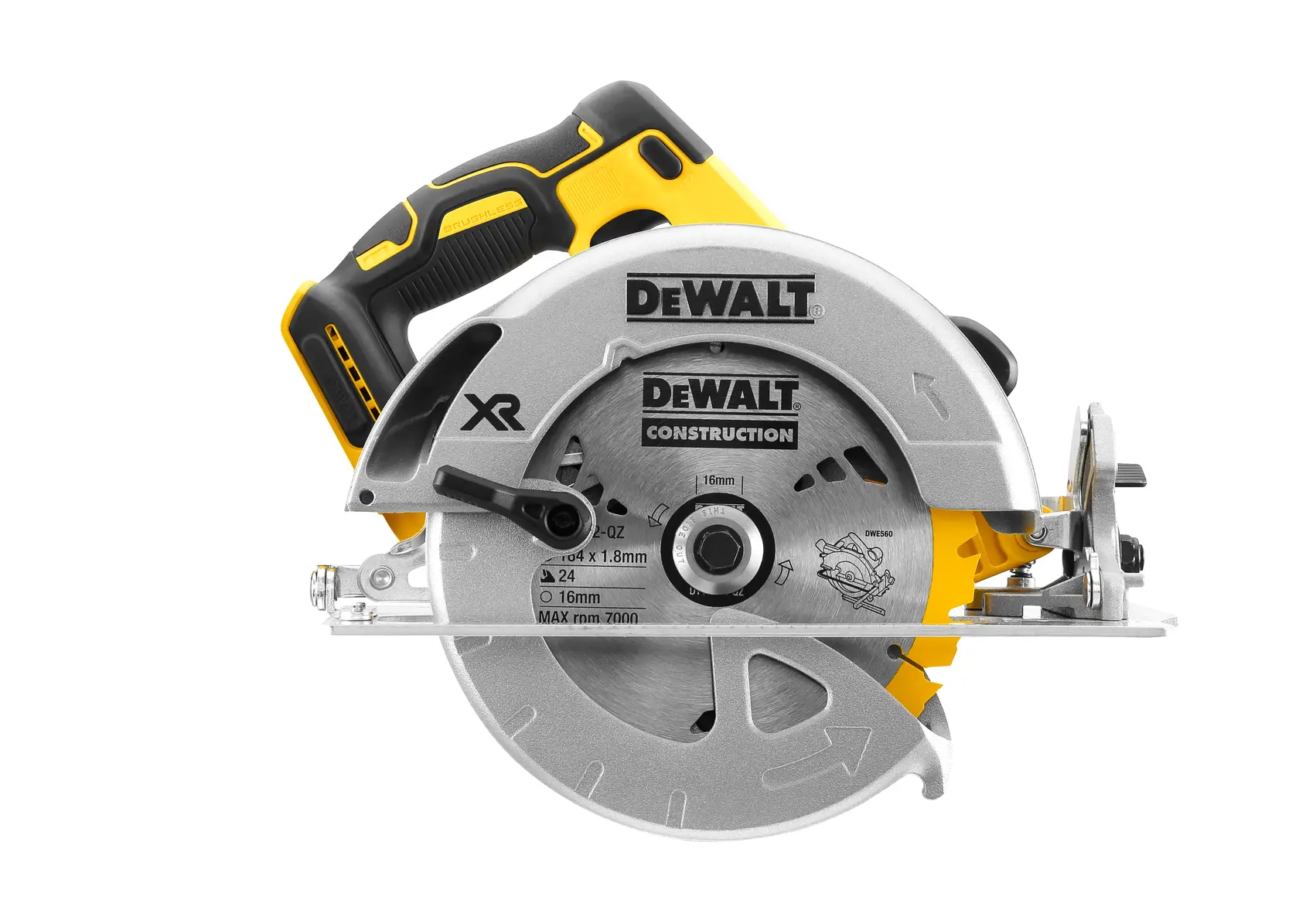 Photo of DEWALT circular saw, yellow/black, front view. SKUs DCS570N, DCS570NT-XJ, DCS570NT.