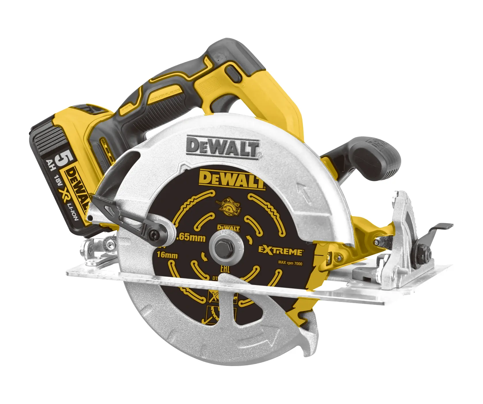 Scie circulaire sans fil DEWALT avec une batterie lithium-ion XR 18V visible et une lame de 65 mm, conçue pour le travail du bois et les tâches de construction.