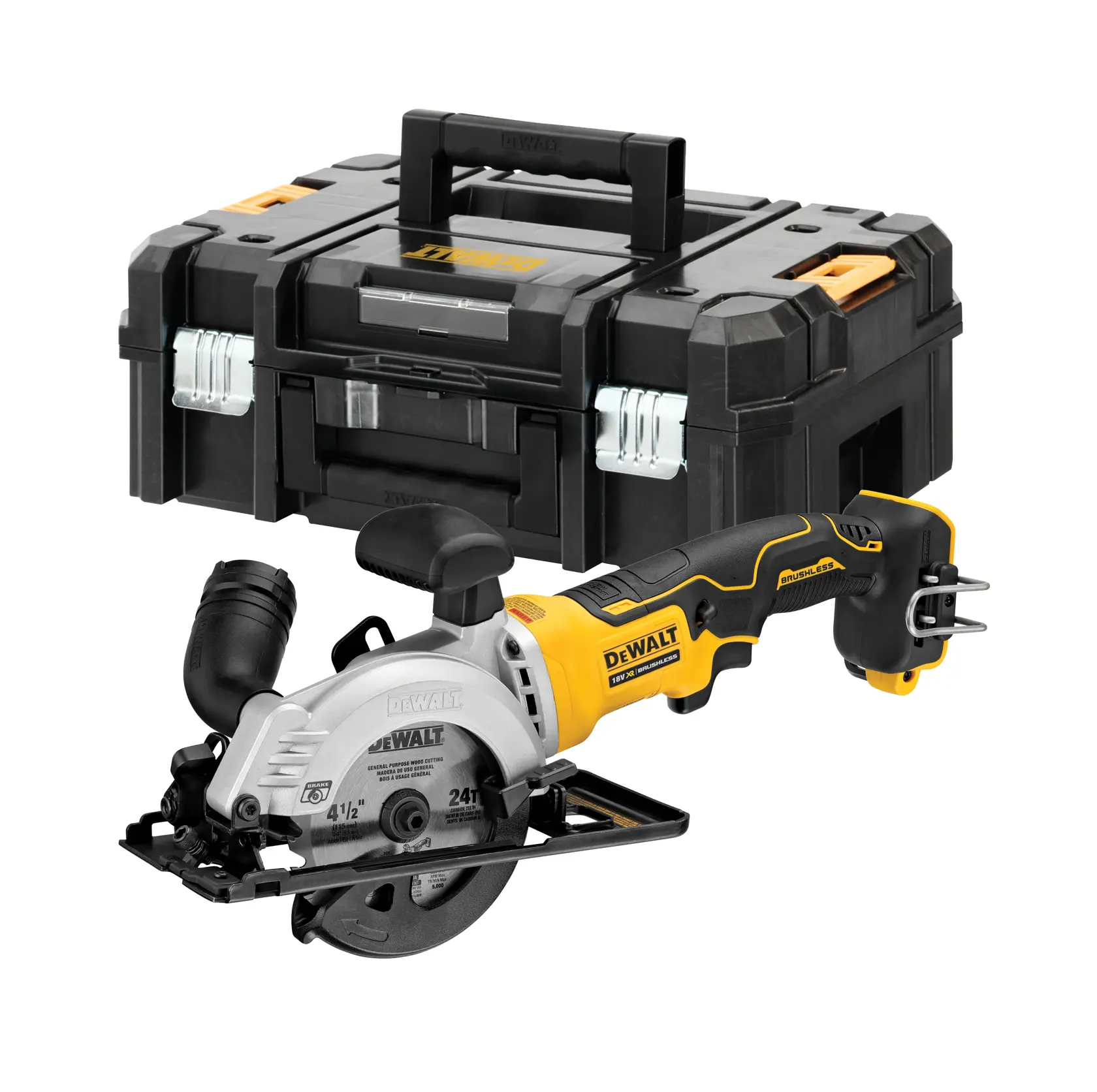 Une scie circulaire compacte sans fil DEWALT au design noir et jaune, présentée devant un coffret de rangement noir DEWALT avec des fermetures métalliques et une poignée solide.