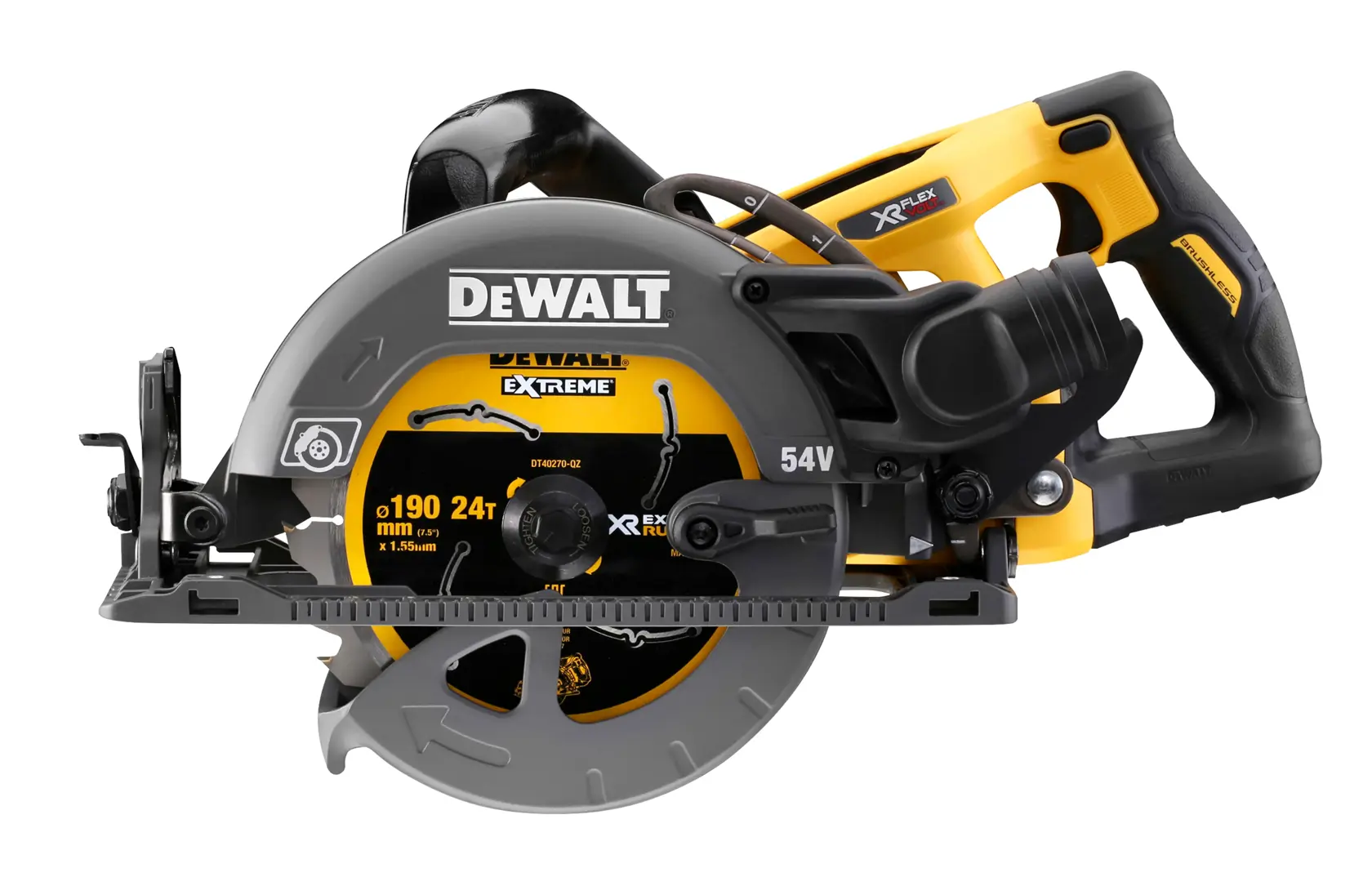 A DEWALT DCS577N cordless circular saw with a yellow and black design, featuring a visible blade and ergonomic handle.
