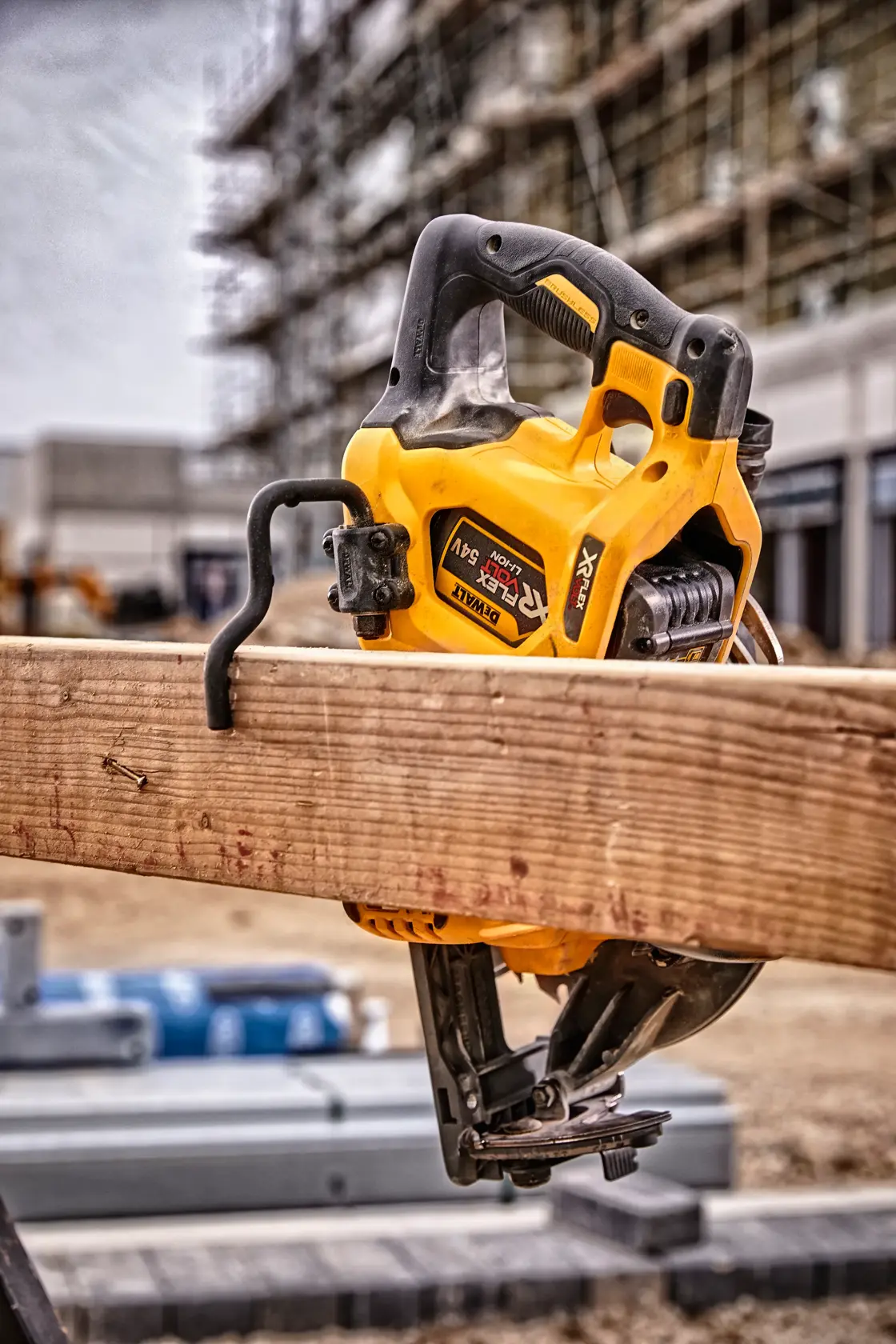 DEWALT DCS577N circular saw resting on wooden beam at a construction site, with scaffolding in the background.