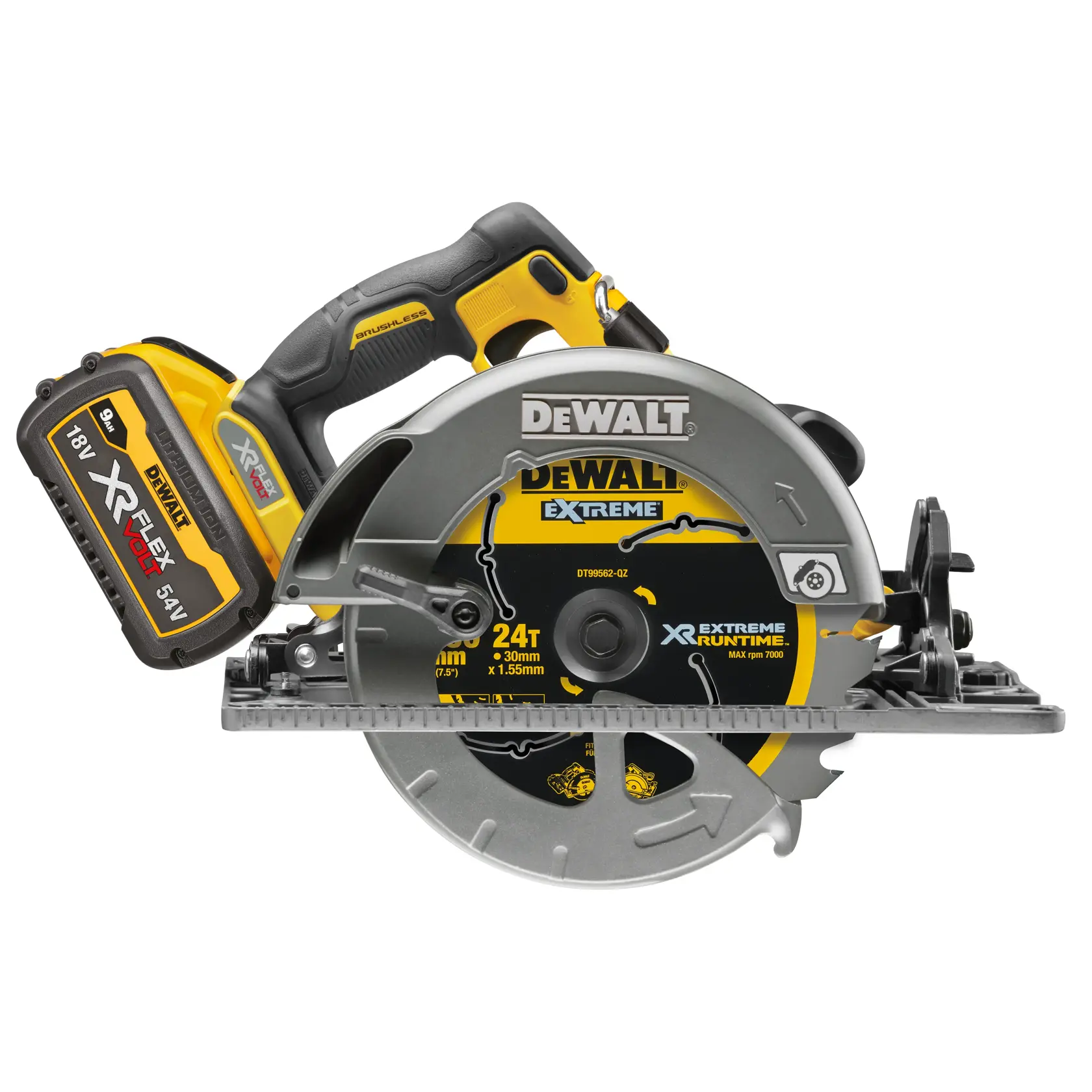 54V XR Flexvolt Scie circulaire 190mm (compatible avec rail de guidage) - 2x accus 9.0Ah et chargeur rapide