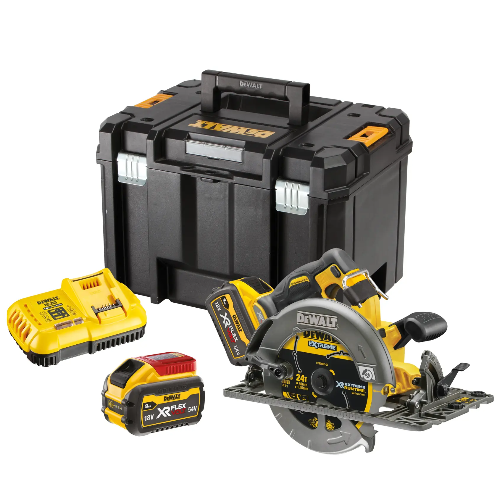 Kit scie circulaire sans fil DEWALT avec batterie, chargeur et mallette sur fond blanc.