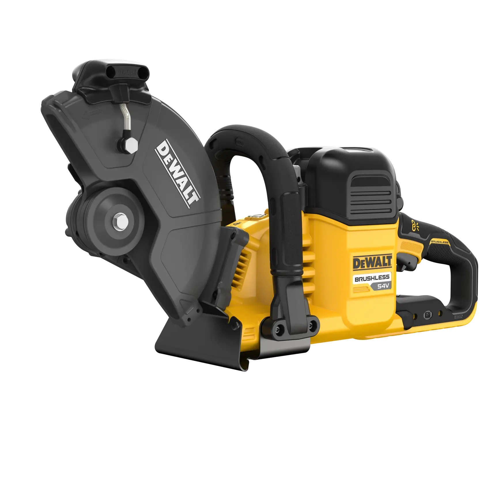 Scie à tronçonner DEWALT DCS691N 54V sans fil, boîtier jaune et noir, présentée sur fond blanc.