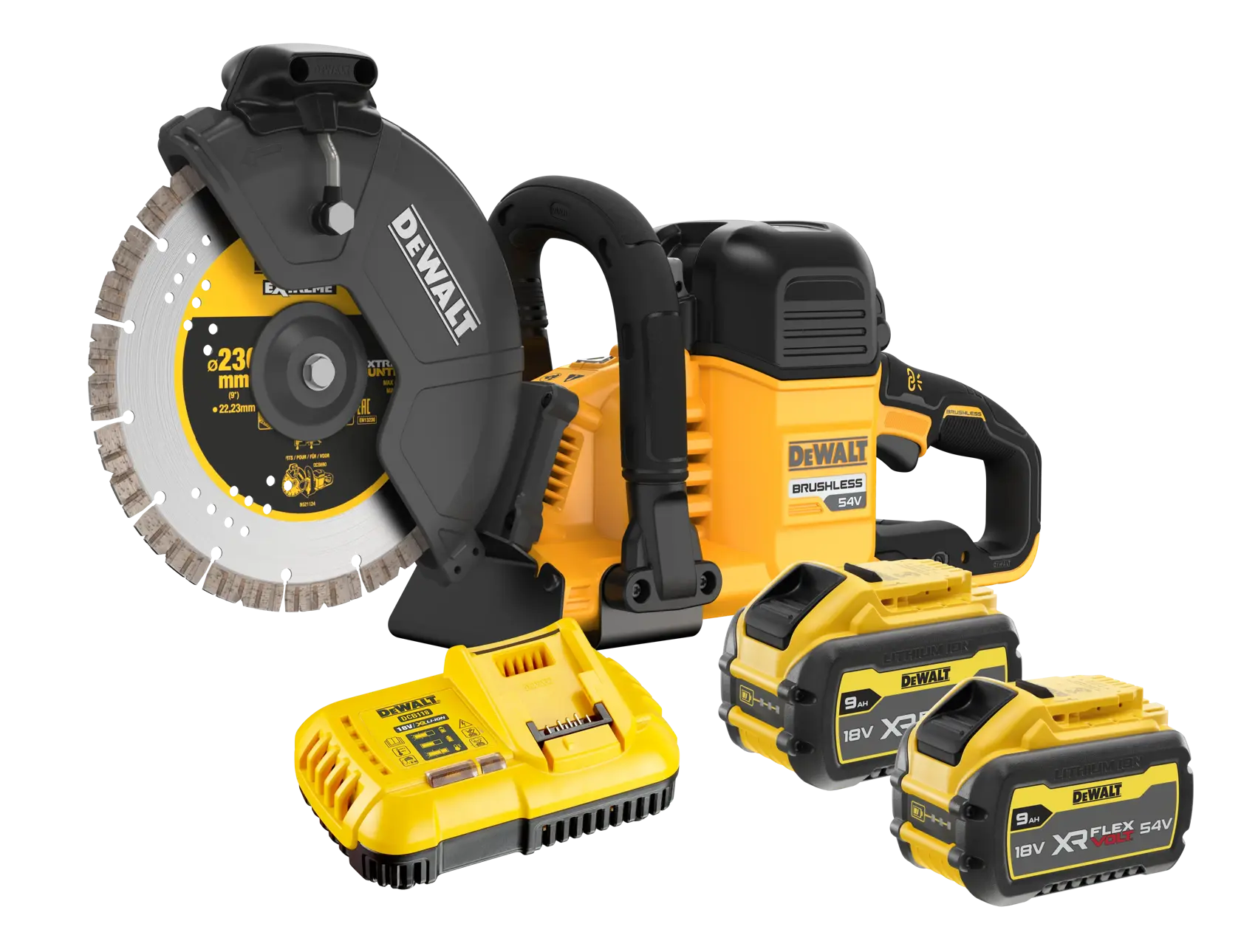 Kit DEWALT de tronçonneuse sans fil brushless avec un disque de 230 mm, présenté avec deux batteries XR FlexVolt 18V/54V et un chargeur de batterie jaune.