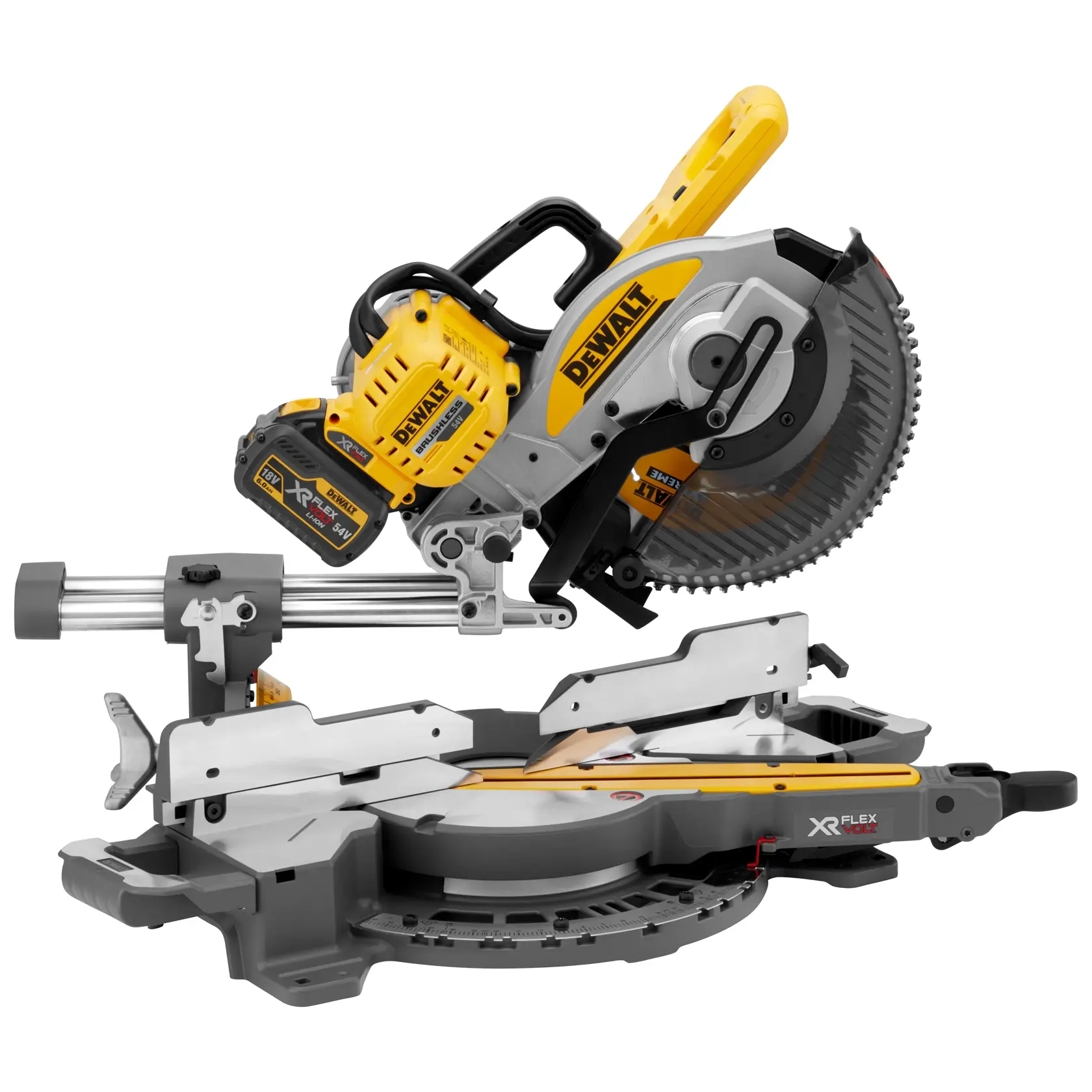 Scie à onglets radiale sans fil DEWALT DCS727T2 XR FlexVolt avec des accents jaunes et noirs, affichant un double pack de batteries et un bras de coupe réglable.