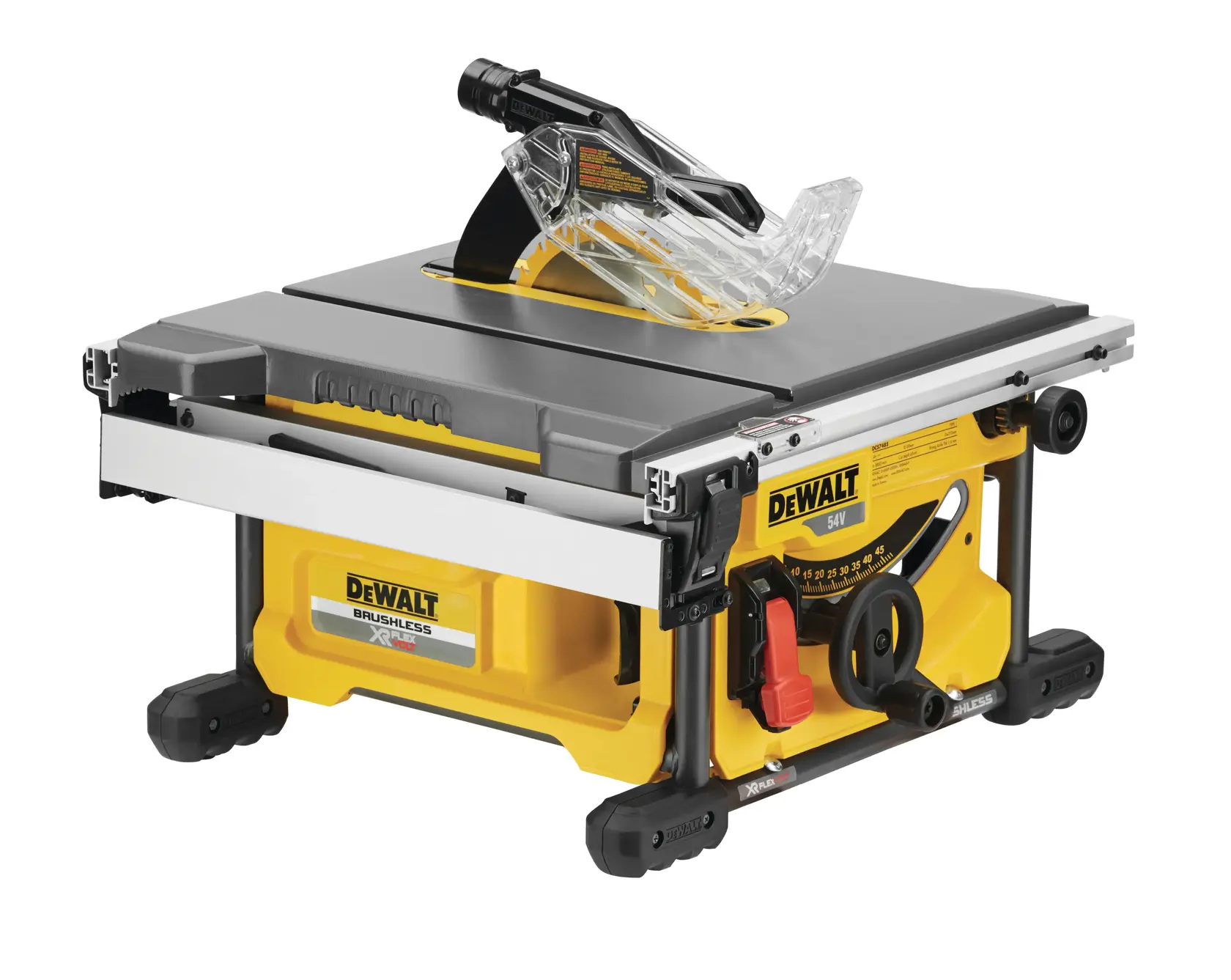 Une scie à table portative de la marque DEWALT avec un corps jaune et noir, un moteur sans balais et un protège-lame transparent. Elle comporte des repères de mesure, des boutons de réglage et est conçue pour les travaux de menuiserie.