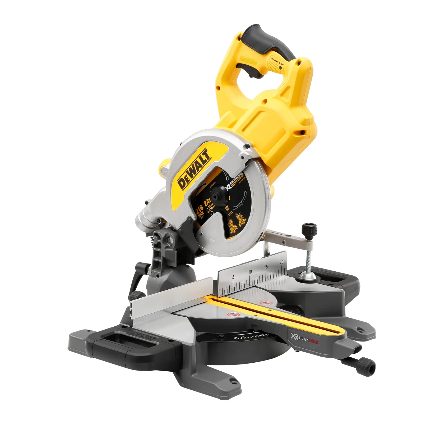 Scie à onglet sans fil DEWALT avec un design jaune et noir, comprenant une grande lame circulaire, une poignée et un guide de mesure pour des coupes précises.