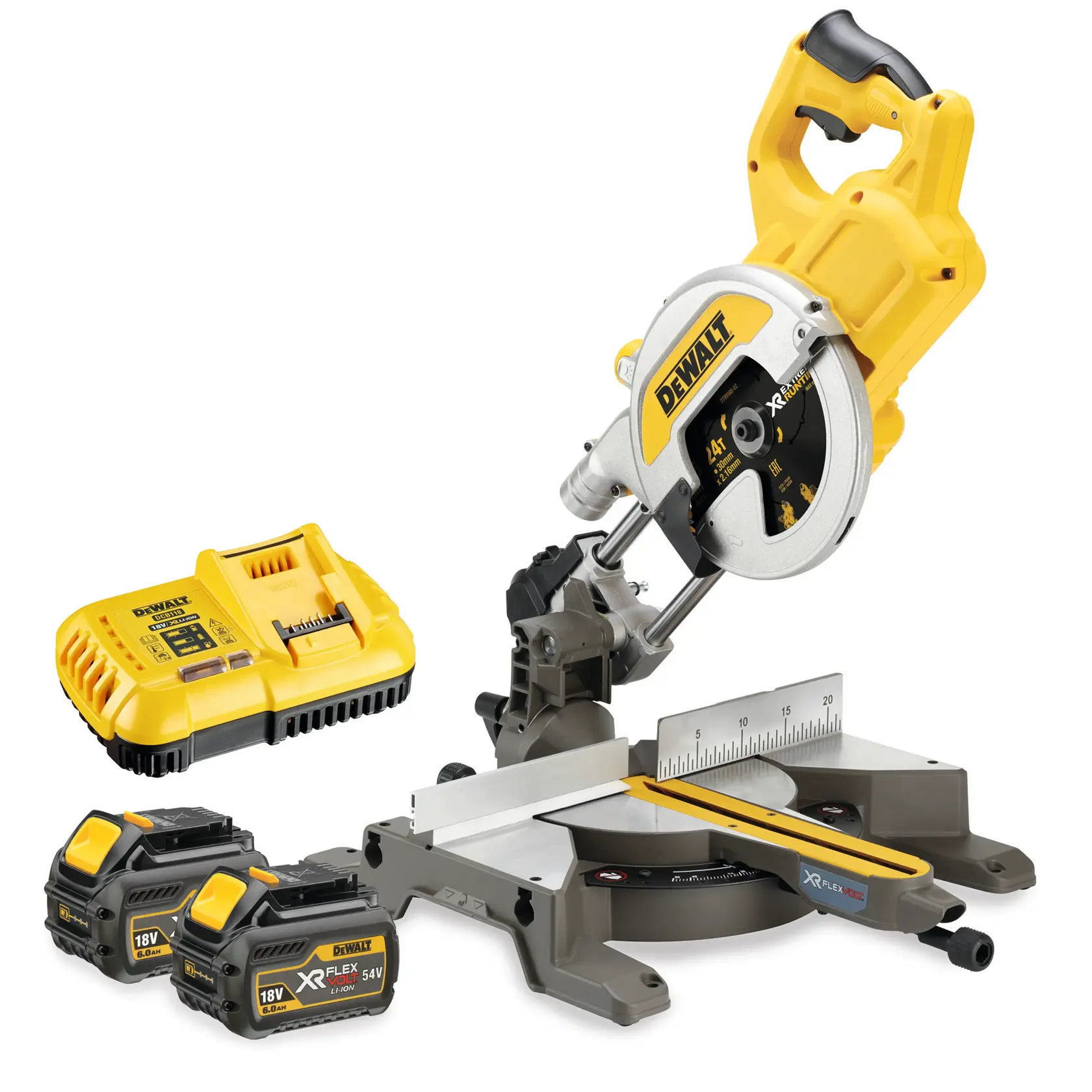 54V XR Flexvolt 216mm Scie à onglets radiale - 2x 6,0Ah batterie et chargeur rapide