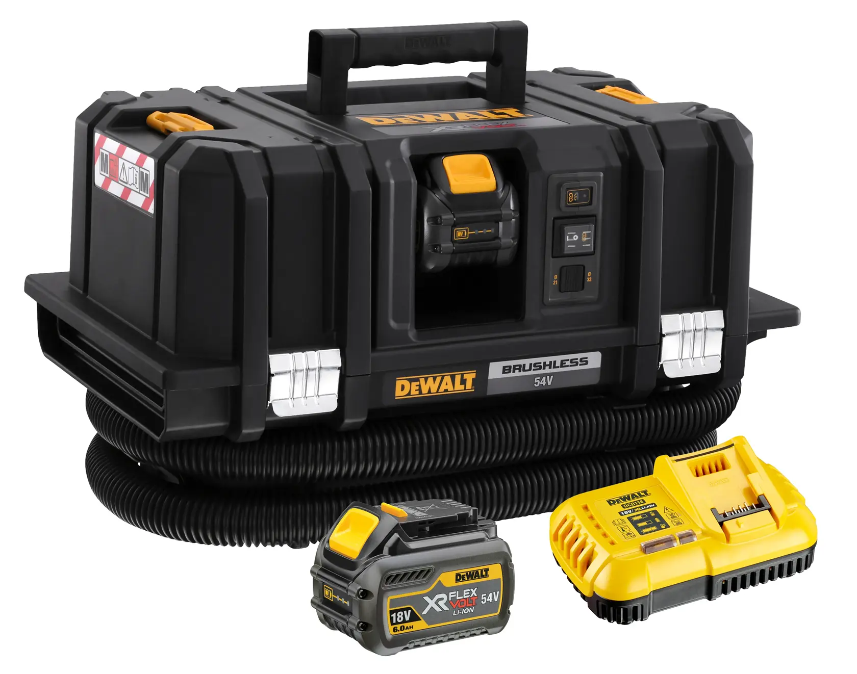 Extracteur de poussière DEWALT 54V sans balais avec batterie et chargeur visibles.