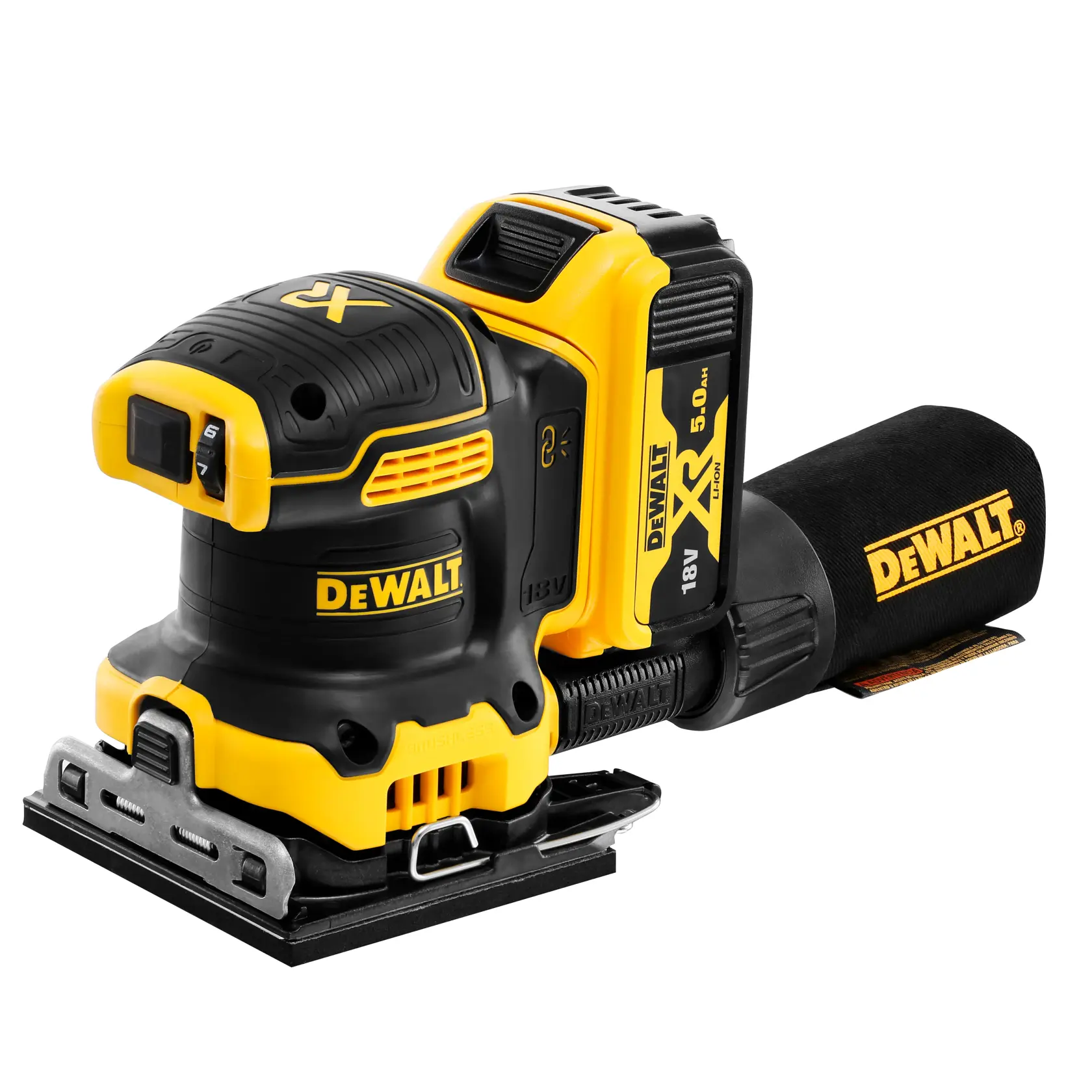 Ponceuse électrique sans fil DEWALT 18V avec sac à poussière, compacte, jaune et noire.