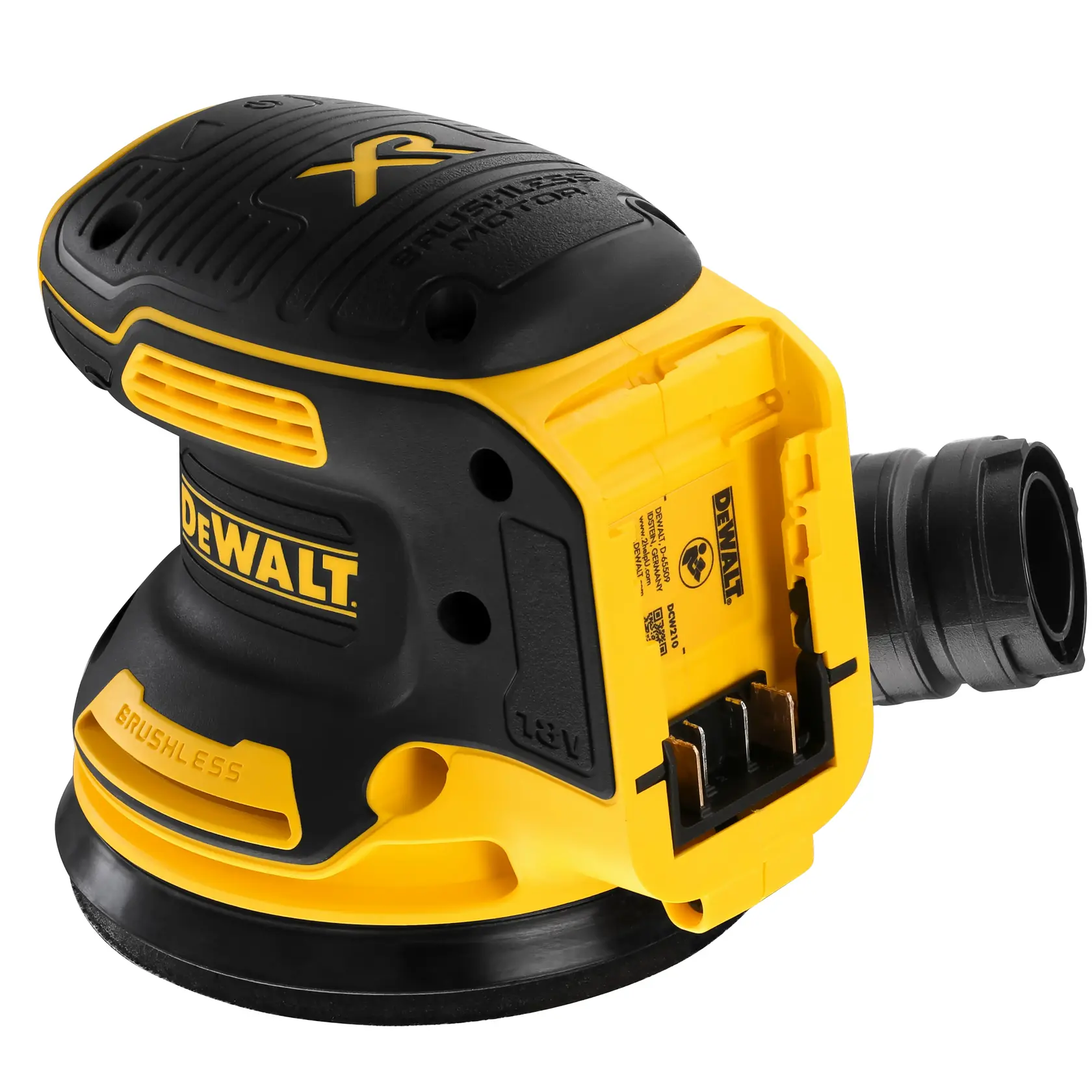 DEWALT sander, models DCW210N, DCW210N-XJ, yellow and black, shown close-up.