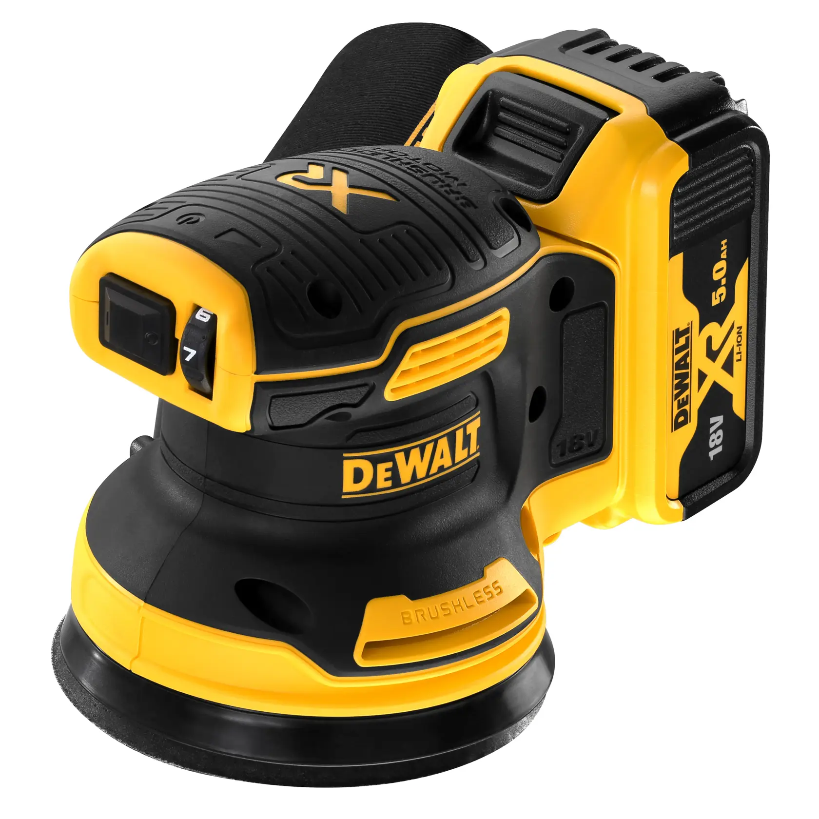 Photo de la ponceuse orbitale sans fil DEWALT DCW210P2, jaune et noire, vue en angle sur fond blanc.