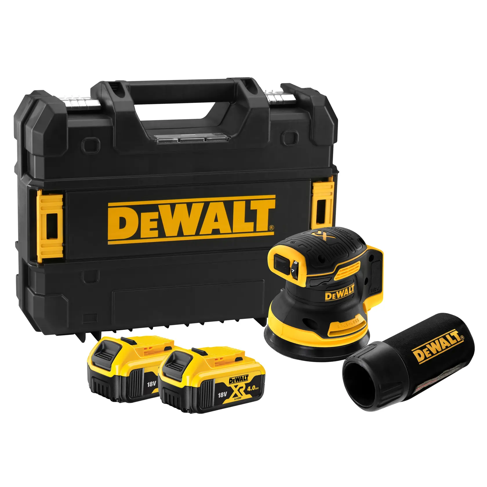 Ponceuse sans fil DEWALT DCW210P2 18V avec batterie XR 5.0 Ah, noire et jaune.