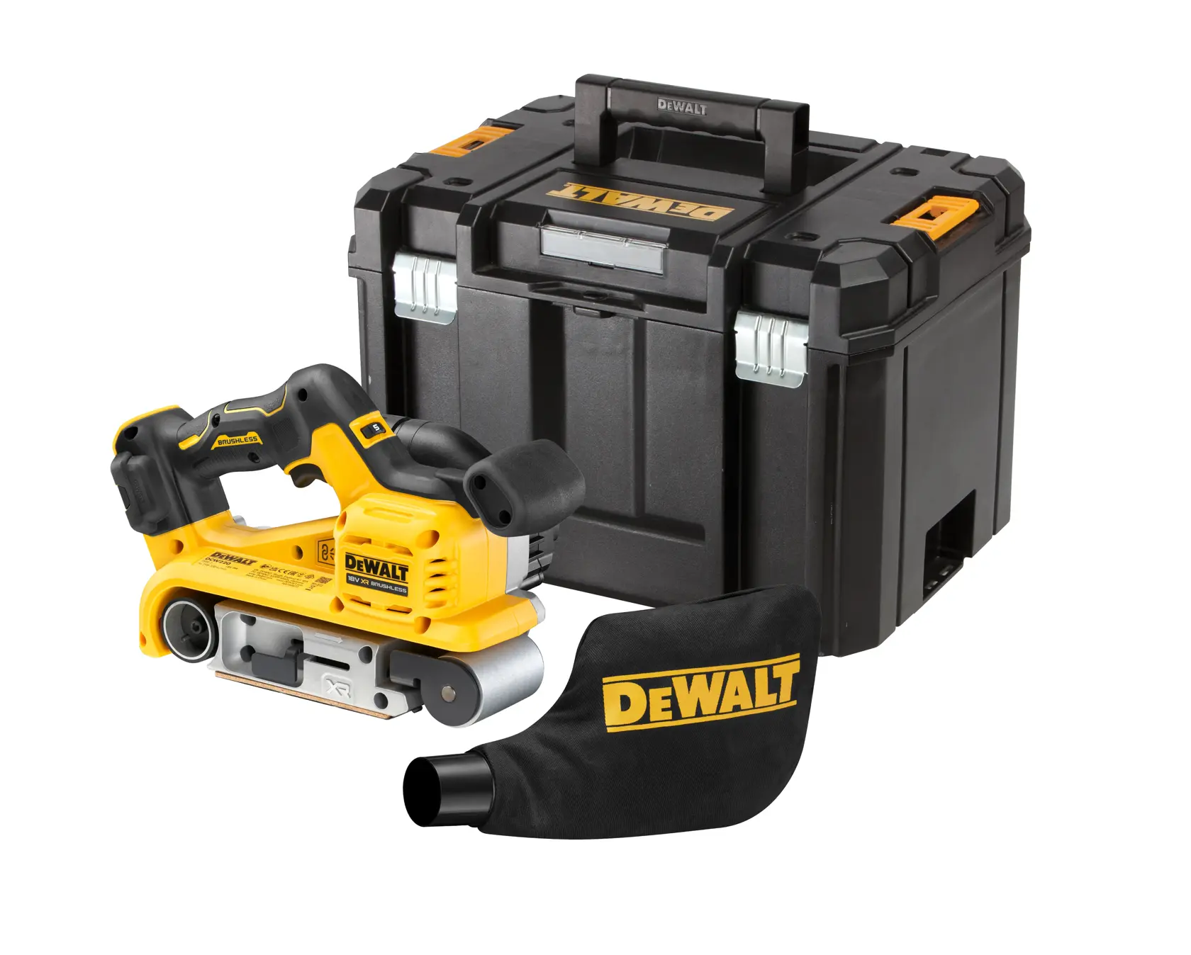 Ponceuse à bande sans fil DEWALT avec coffret noir et sac à poussière sur fond blanc.