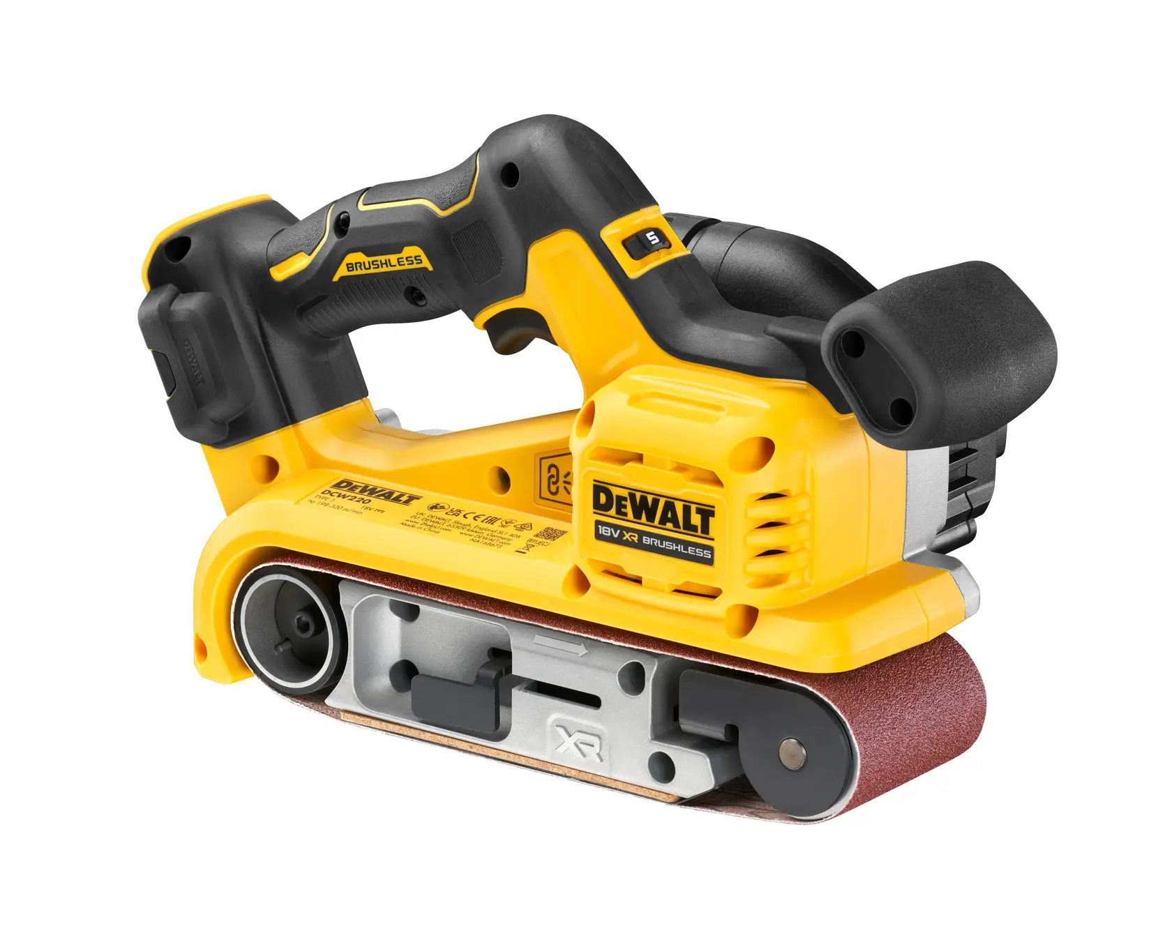 Ponceuse à bande sans fil DEWALT jaune et noire, utilisée pour lisser le bois.