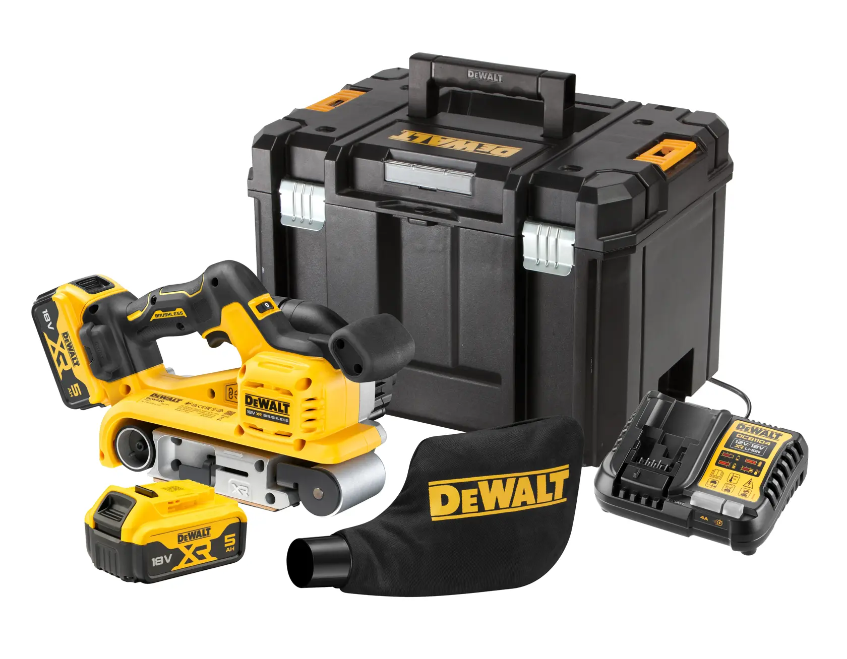 Kit ponceuse à bande DEWALT sans fil avec batteries, chargeur, sac à poussière et boîte de transport rigide.
