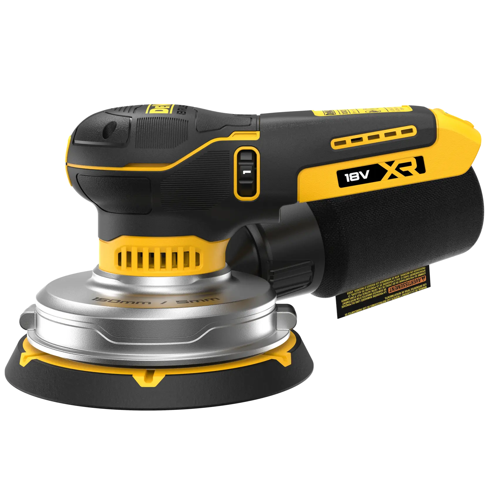 DEWALT 18V XR cordless random orbital sander with black and yellow design and dust bag.