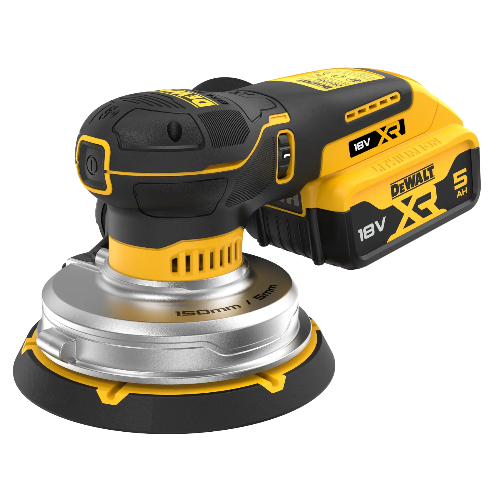 DEWALT 18V XR cordless sander with 150mm pad and 5Ah battery, black and yellow, shown close up.
