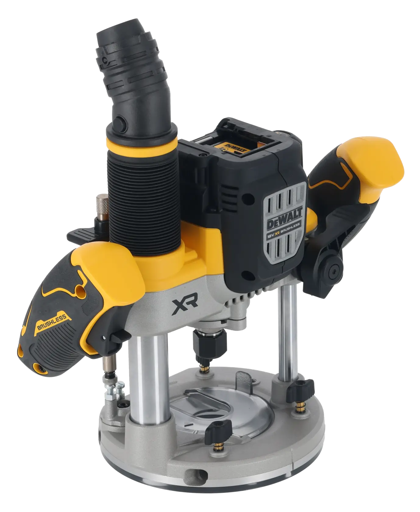 DEWALT DCW620NT plunge router front angle, yellow and black, cordless, brushless model on white background.