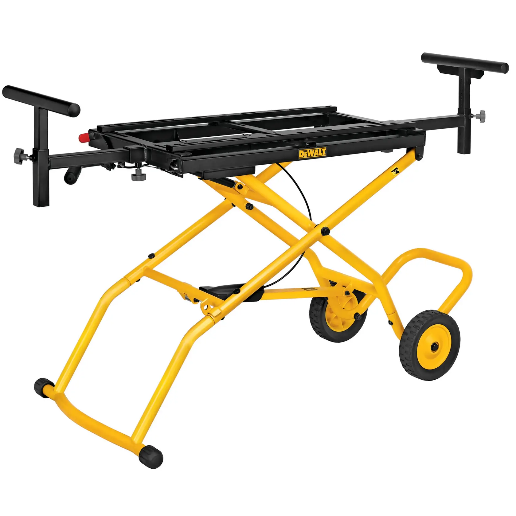 Support roulant DEWALT jaune avec bras réglables, conçu pour monter et soutenir des outils électriques.