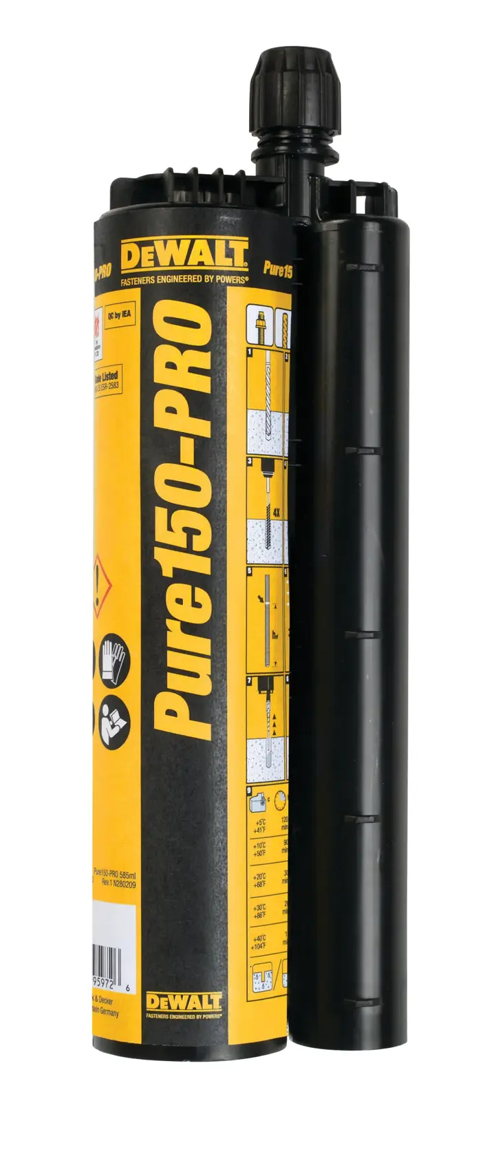Une cartouche d'adhésif DEWALT Pure150-PRO avec un étiquette jaune et noire, montrant des instructions d'utilisation et des icônes de sécurité, debout sur un fond blanc.