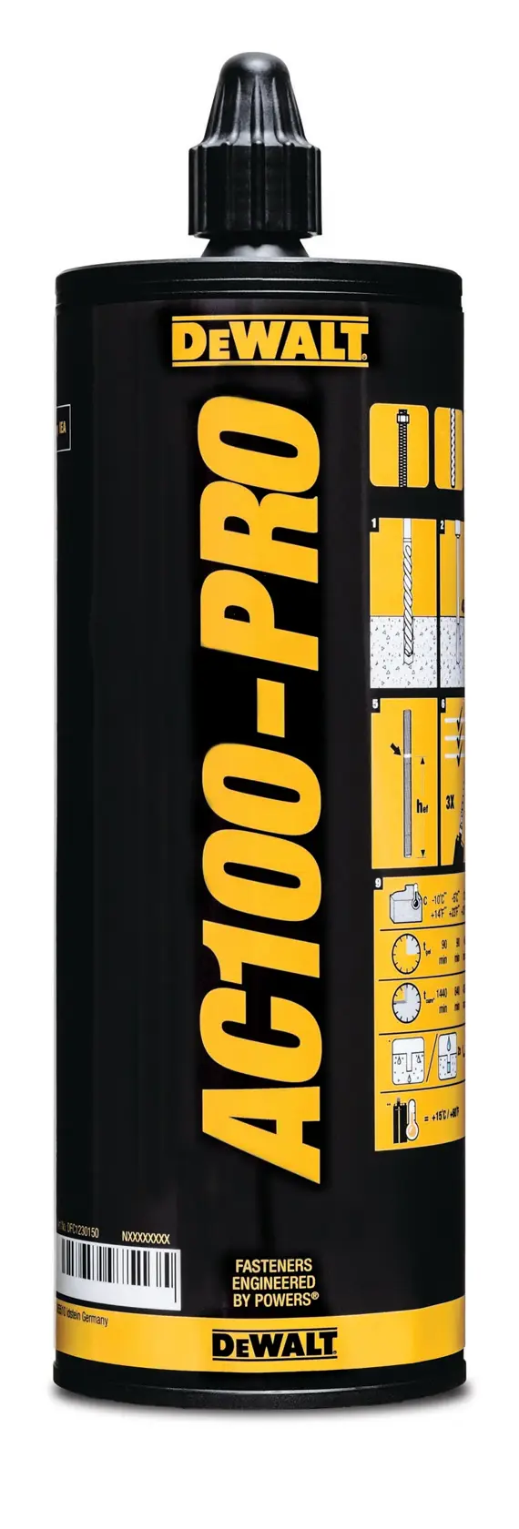 Une cartouche de colle DEWALT AC100-PRO noire et jaune, positionnée verticalement avec un bouchon à vis noir. L'étiquette présente des détails techniques et des instructions d'utilisation.