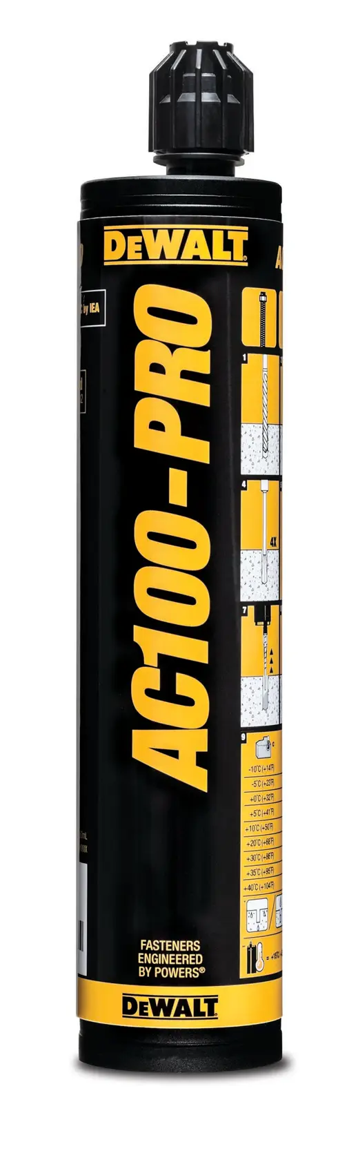 Une cartouche de colle de construction DEWALT AC100-PRO, de couleur noire et jaune, avec un bouchon de buse en plastique sur le dessus. L'étiquette affiche la marque DEWALT et les détails du produit.