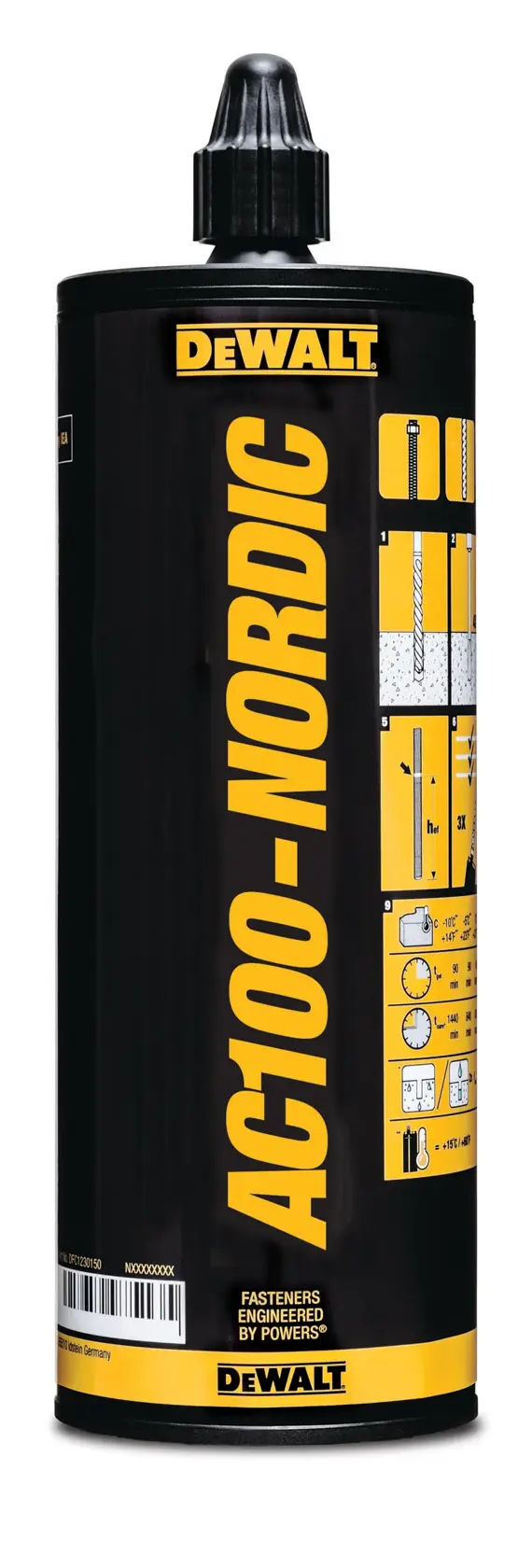 Cartouche adhésive DEWALT AC100-NORDIC, noire à étiquette jaune, pour fixation et construction.