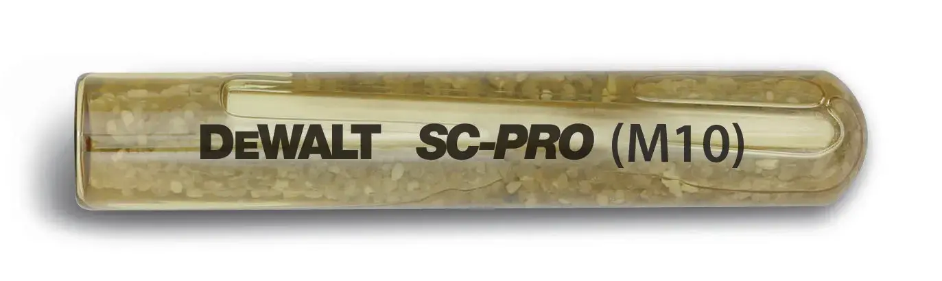 Un tube transparent portant l’inscription 'DEWALT SC-PRO (M10)', contenant une capsule d’ancrage chimique pour usage en construction.