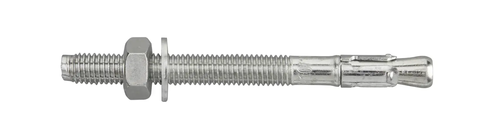 Metal anchor bolt with nut and washer, suitable for securing objects to concrete surfaces.