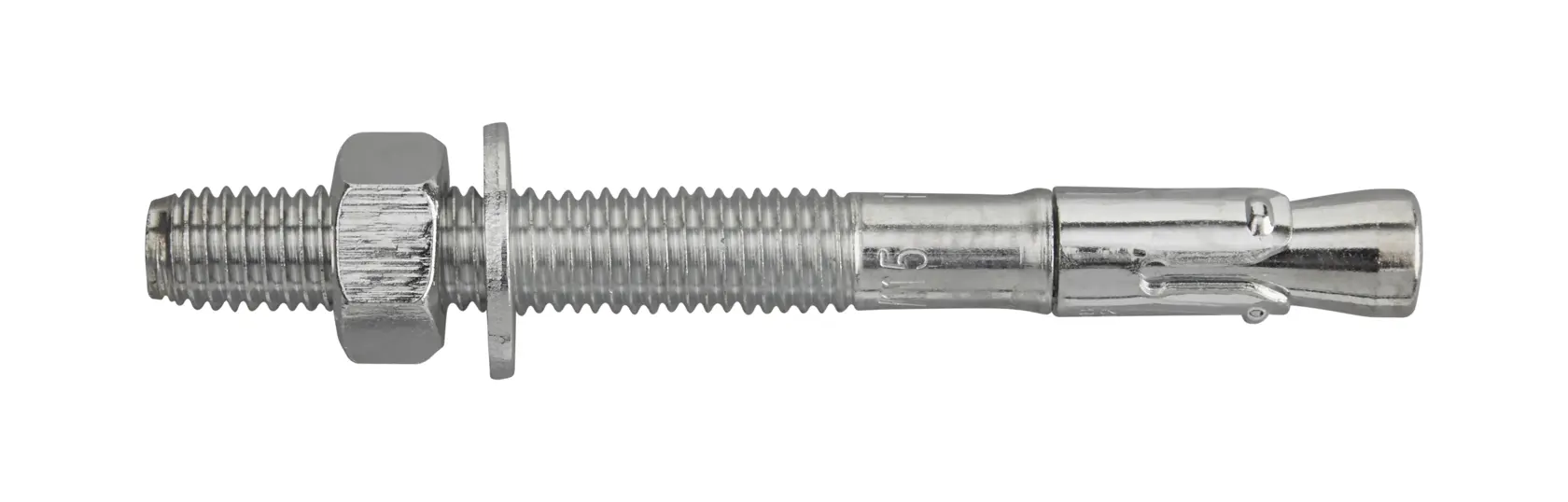 Metal anchor bolt with washer and nut, used for secure fastening in masonry or concrete.