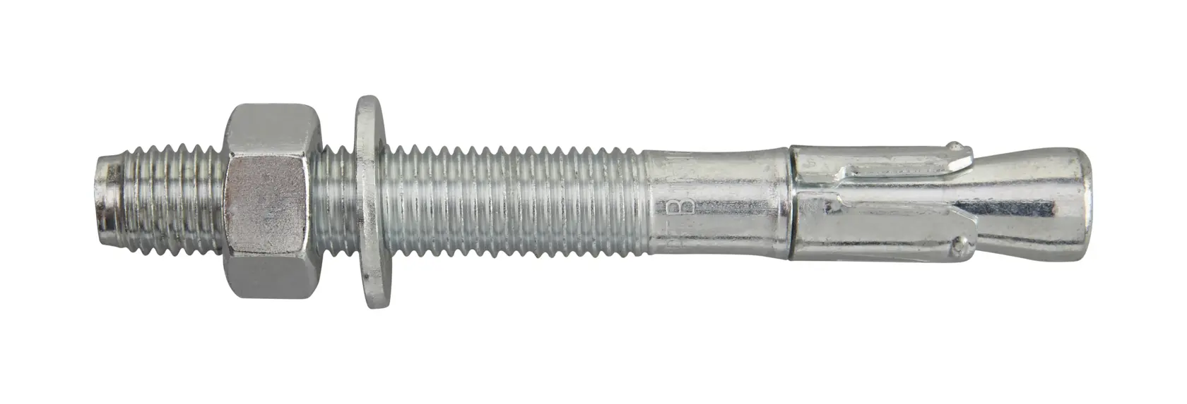 Boulon d’ancrage en métal avec écrou et rondelle, pour fixation solide dans béton ou maçonnerie.