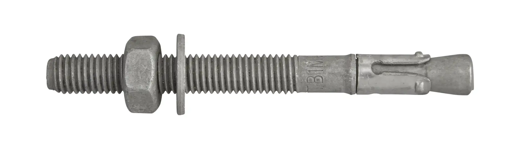 Steel anchor bolt with nut and washer, used for secure fastening in construction applications.