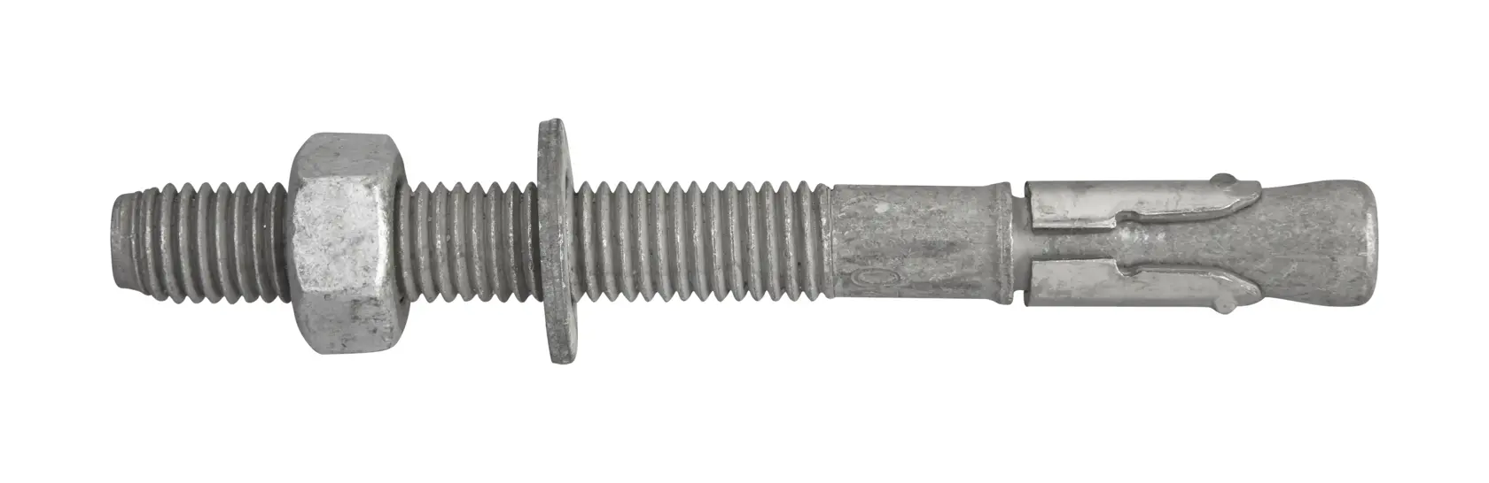 A galvanized steel anchor bolt with a nut and washer, used for securing materials to concrete or masonry surfaces.