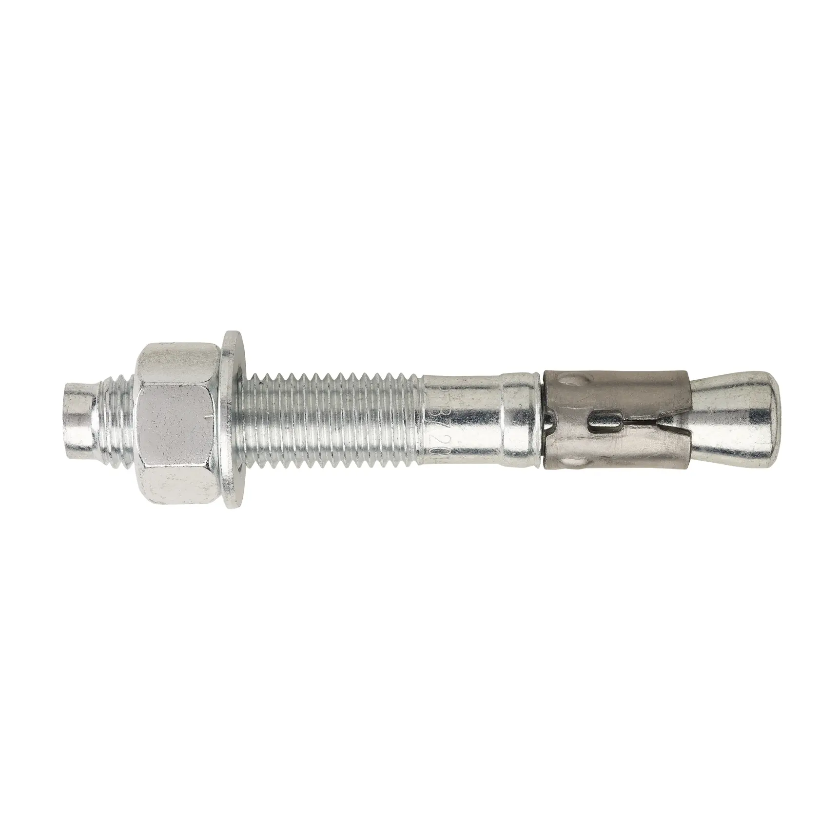 A close-up image of a metal expansion anchor bolt with a hex nut and washer, used for securing objects to concrete or masonry surfaces.