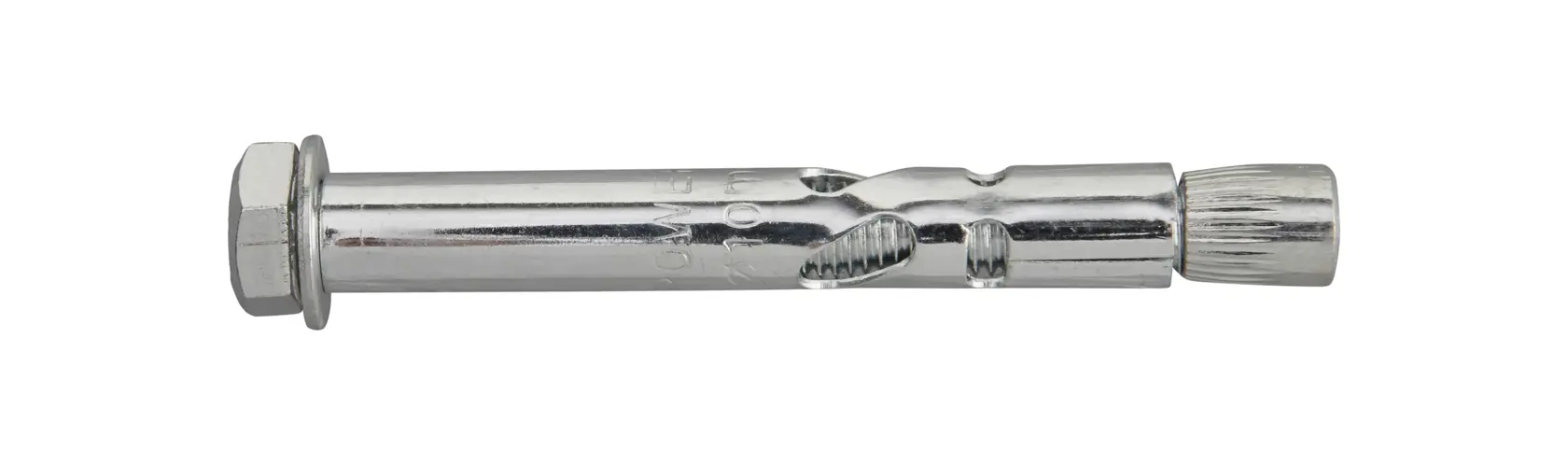 Boulon d’ancrage à expansion en métal pour fixation dans béton ou maçonnerie, sur fond blanc.