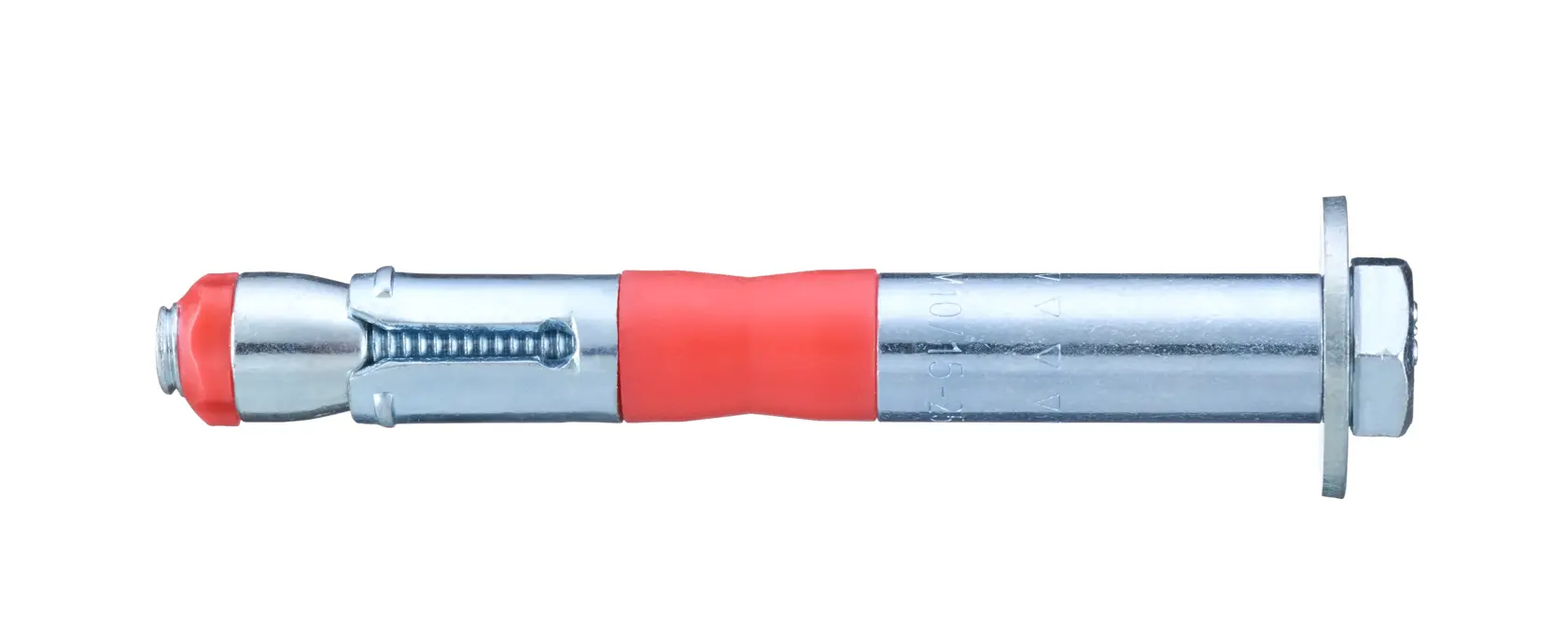 Boulon d’ancrage DEWALT en métal avec gaine rouge, pour fixation d’objets lourds sur béton.
