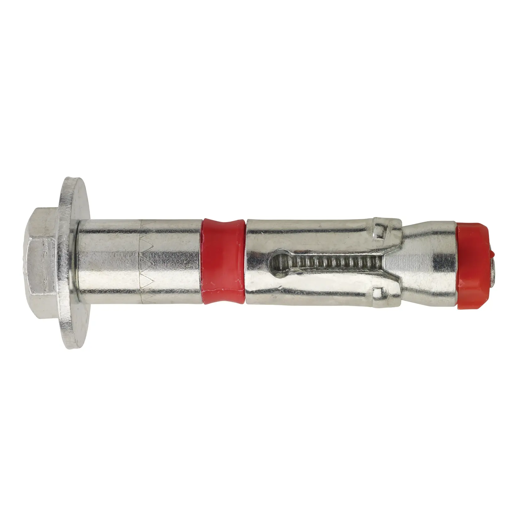 Boulon d’ancrage en métal avec tête hexagonale et bague rouge pour fixation solide dans la maçonnerie.