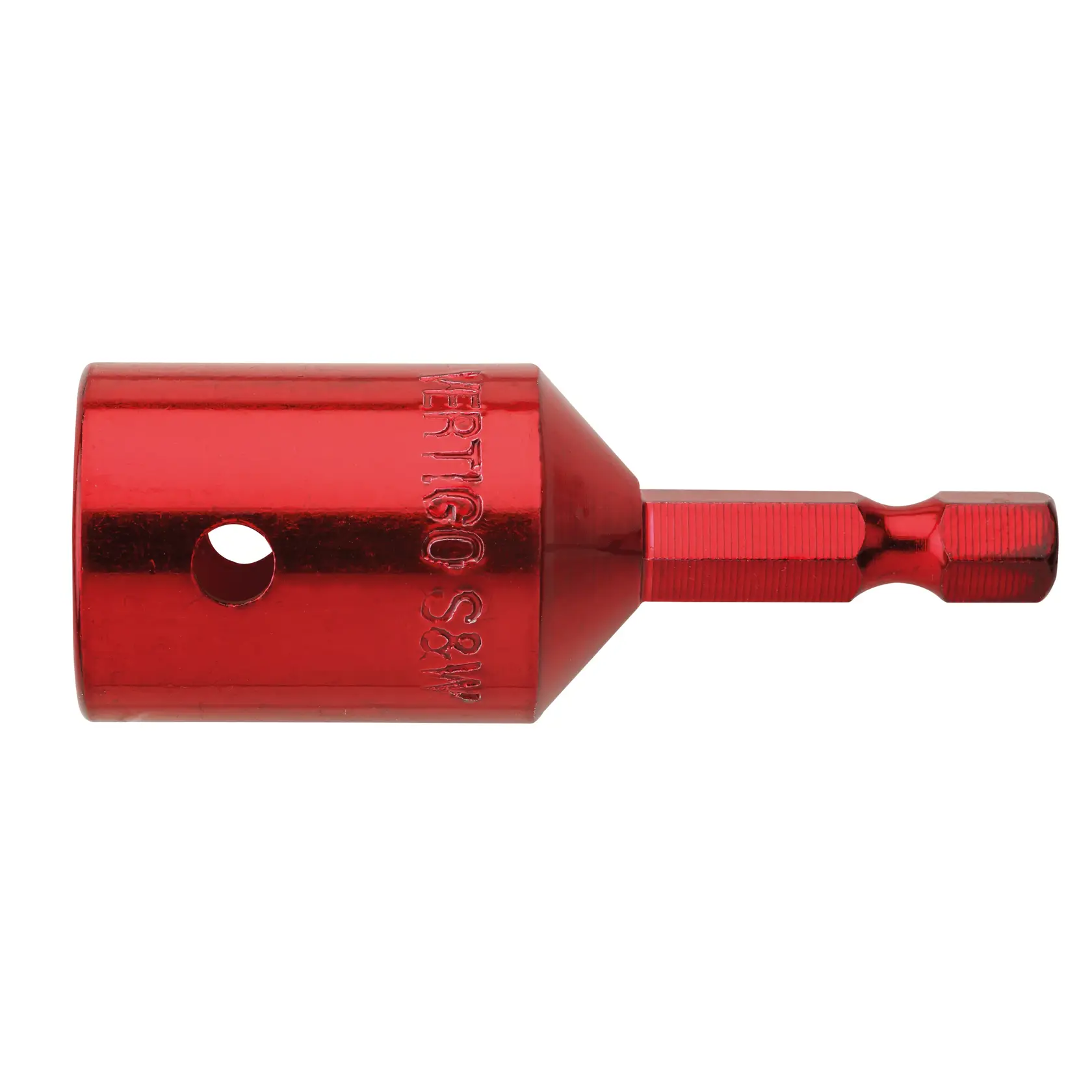 Red DEWALT drill bit adapter with hex shank and side hole, shown on a white background.