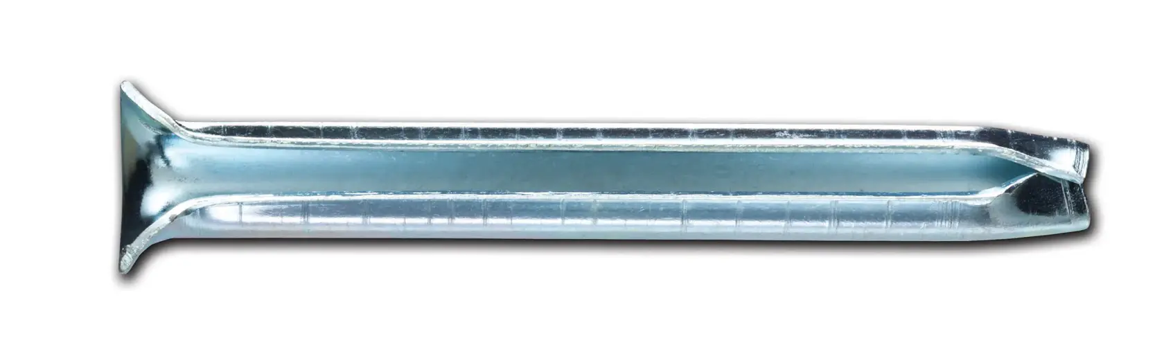 Metal anchor fastener with flat head and split body, shown on a white background.