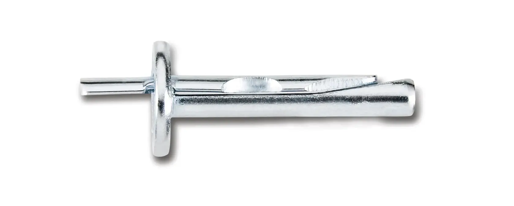 Cheville métallique sur fond blanc, utilisée pour fixer des objets dans le béton ou la maçonnerie.
