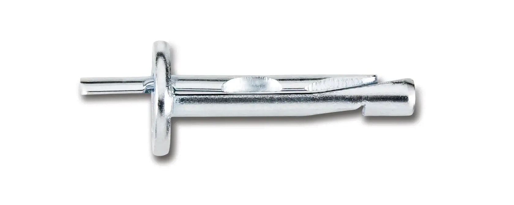 Gros plan d'une cheville métallique de fixation murale, présentée sur un fond blanc.