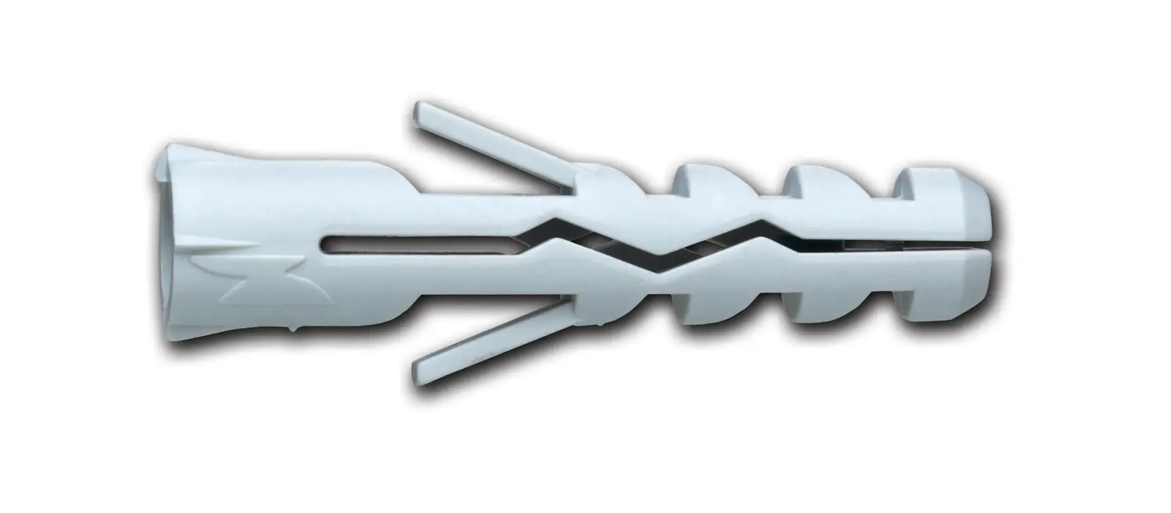 A close-up of a grey plastic wall plug, used for securing screws in masonry or drywall.