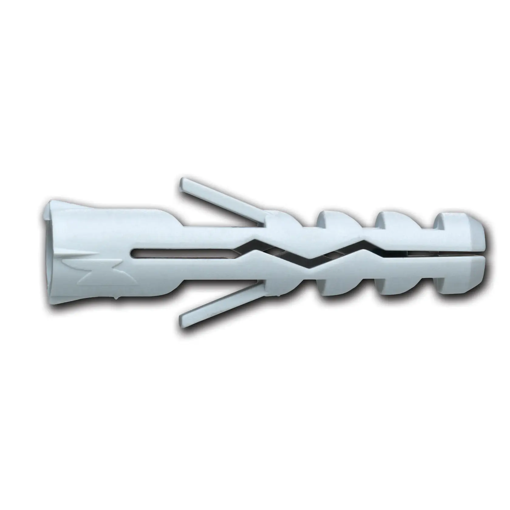 Plastic wall plug with ridges and split design for secure screw fastening.