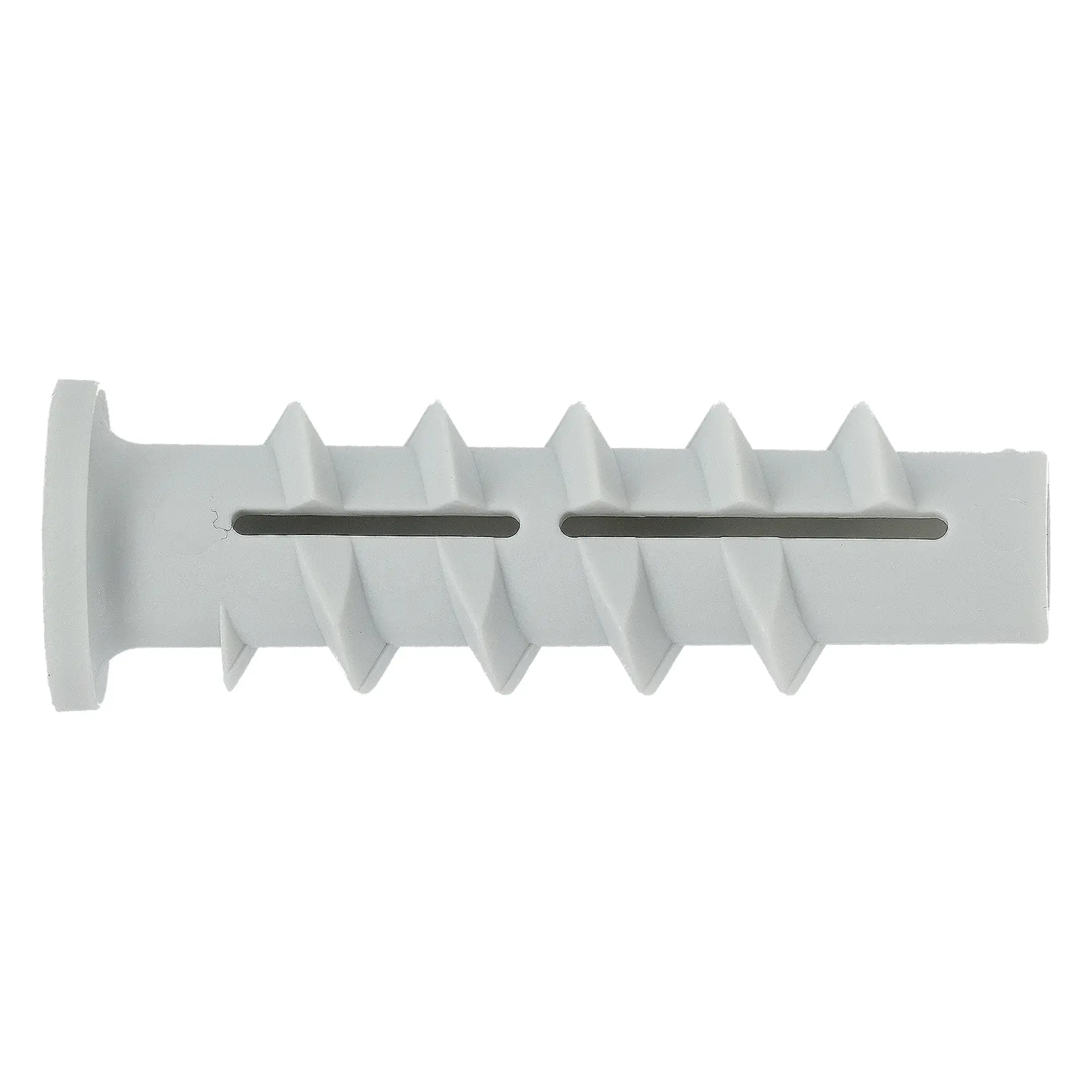 Cheville murale en plastique blanc à nervures et fente centrale, pour vis dans maçonnerie ou plâtre.