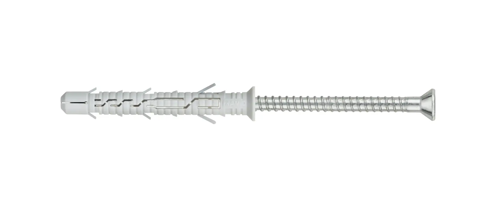 A single grey plastic wall plug with an integrated metal screw, shown horizontally on a white background.