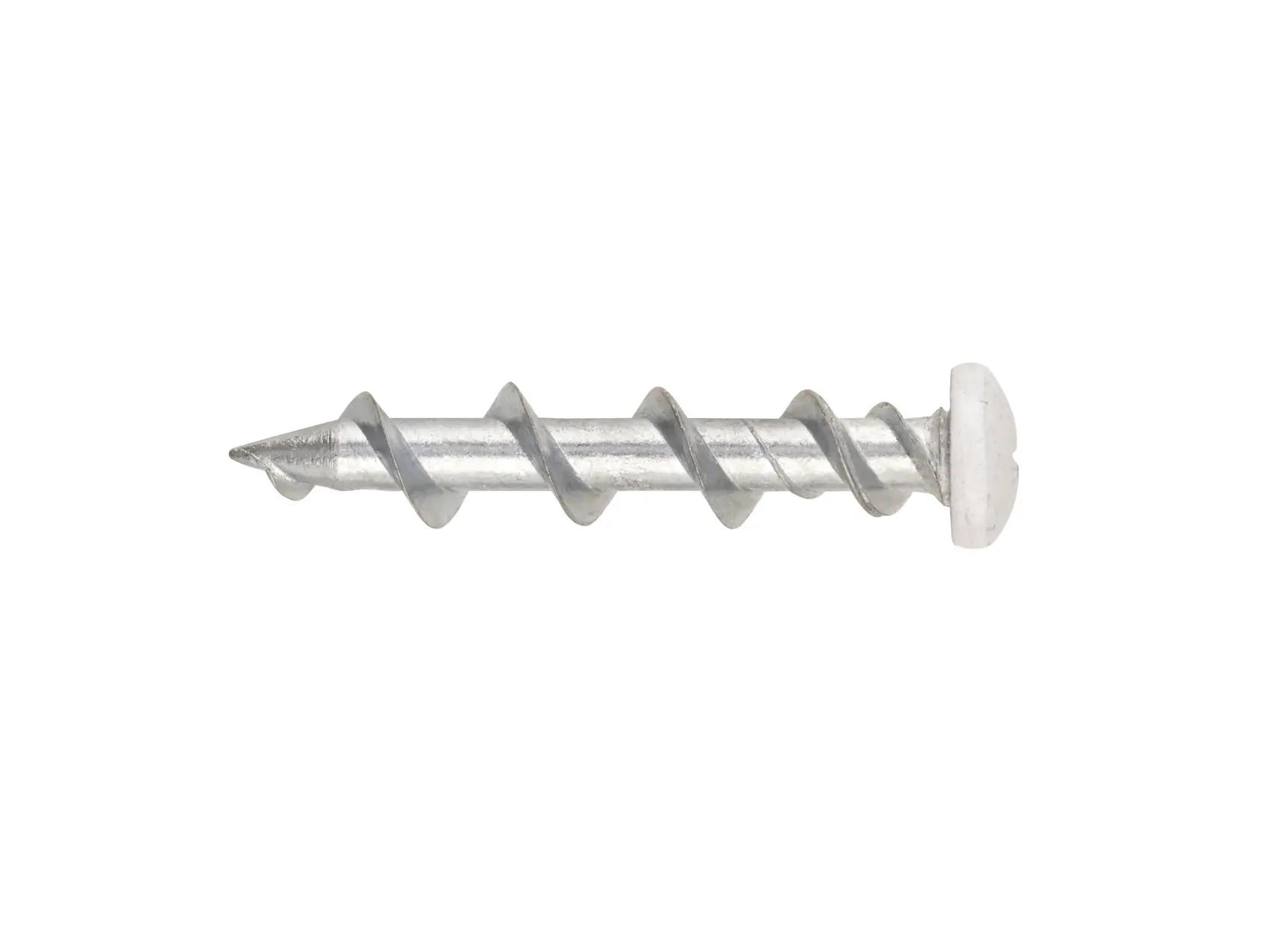 Gros plan sur une cheville murale en métal avec pointe et filetage spiral, isolée sur fond blanc.