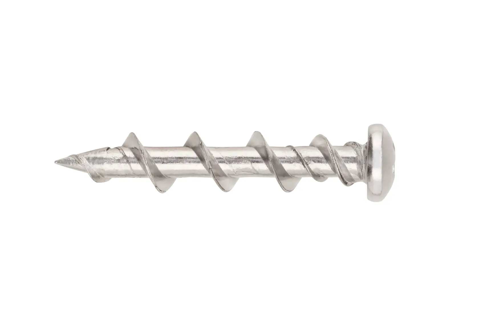 Close-up of a single metal screw with a flat head and spiral thread on a white background.